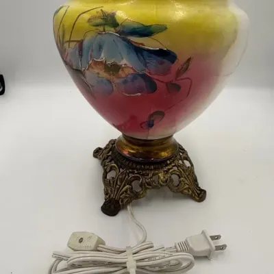 Vintage GWTW Parlor Hurricane Lamp Base Hand Painted Floral Glass