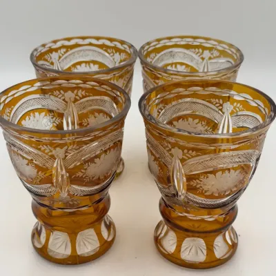 Set of 4 Vintage Bohemian Amber Cut to Clear Crystal Tumblers Floral Etched - Lead Crystal