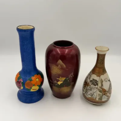 Estate Lot of 3 Fine Miniature Art Vases: Antique Joseph Mrazek Czech Pottery, Hand-Painted Japanese