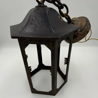 Vintage 10.5" Cast Iron Hexagonal Hanging Lantern Pendant Light