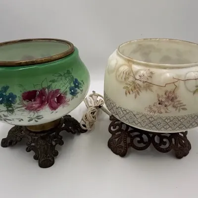 Antique Victorian GWTW Style Illuminated Lamp Bases – Pair of 2 Hand-Painted Glass Parlor Lamp Bases