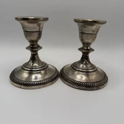 Vintage Pair of Weighted Sterling Silver Candlesticks – Classic Gadroon/Rope Twist Border, 3.5" 