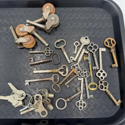 Vintage Antique Skeleton Keys & Furniture Casters Lot - Mixed Brass & Iron Hardware