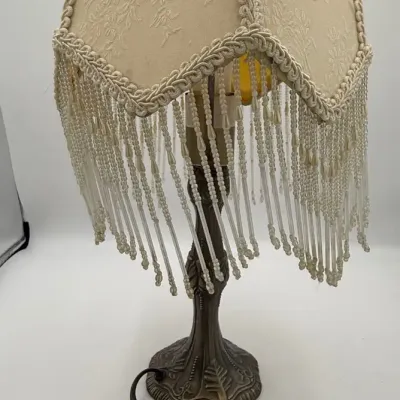 Vintage Style Beaded Fringe Accent Lamp Brocade Shade Antique Bronze Base