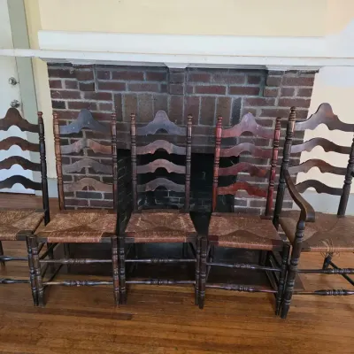 Colonial Revival Turned Wood & Rush Seat Dining Chairs - 4 Side, 1 Arm