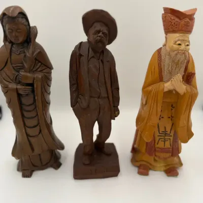 Lot of 3 Vintage Figurines: Hand-Carved Wood Guanyin, Signed Folk Art Man, & Polychrome Immortal