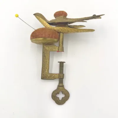 Antique Victorian Style Brass Figural Bird Sewing Clamp with Dual Pin Cushions