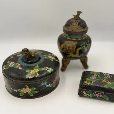Antique 3-Piece Chinese Black-Ground Cloisonné Enamel Set - Divided Sweetmeat Box, Tripod Censer