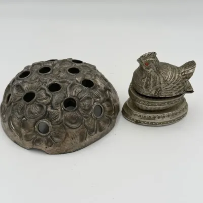 Vintage Metal 2-Piece Collectibles Lot: Musical Hen-on-Nest Trinket Box & Ornate Floral Flower Frog