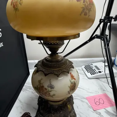 Vintage "Gone with the Wind" 3-Way Parlor Hurricane Lamp, Custard Amber Ruffled Milk Glass, Floral M