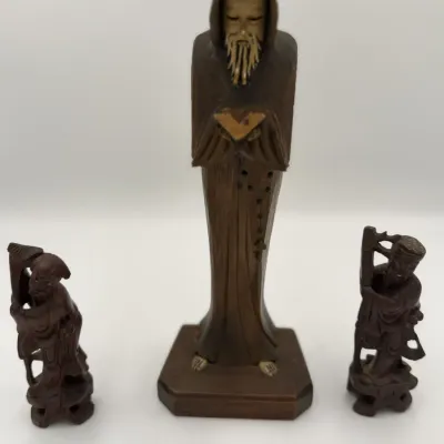 Vintage Mid-Century Hand Carved Wood Lot - 12" Monk Friar Statue & Pair 5" Chinese Immortals Figures