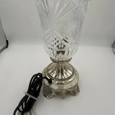 Vintage Godinger Shannon Crystal "Nicole" Electric Hurricane Lamp, 12.5" Silver Plated Base
