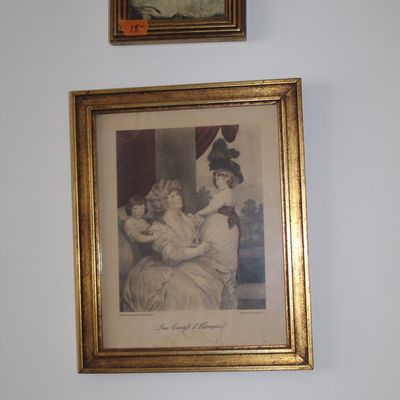 Sale Photo Thumbnail #26: Two framed vintage prints in ornate gold-finished frames, featuring classical-style portraits of women and children.