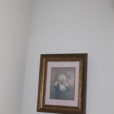 Sale Photo Thumbnail #31: Framed floral print depicting a white iris, set in a pink mat and an ornate gold-finished wooden frame.
