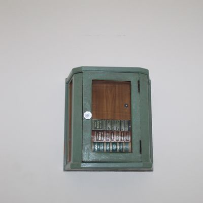 Sale Photo Thumbnail #120: Vintage green-painted wooden wall cabinet with a glass door, containing a small collection of Reader's Digest Condensed Books.