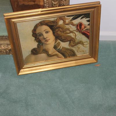 Sale Photo Thumbnail #84: Framed print depicting a detail of Venus from Sandro Botticelli's "The Birth of Venus," housed in a classic gold-finished wooden frame.