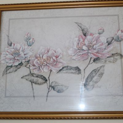 Sale Photo Thumbnail #45: Framed floral art print featuring pink and white blossoms, signed by the artist "José" and housed in a decorative gold-finished frame.