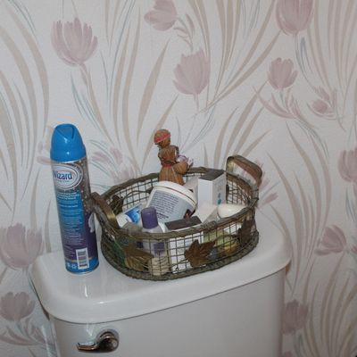Sale Photo Thumbnail #115: Oval wire basket with brass leaf accents and handles, filled with various toiletries and a small straw doll, shown sitting on a toilet tank.