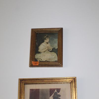 Sale Photo Thumbnail #27: Two framed vintage prints in ornate gold-finished frames, featuring classical portraits of children and a family.
