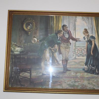 Sale Photo Thumbnail #25: Framed vintage print depicting a Regency-era parlor scene with figures in period dress, housed in a gilded wood frame.