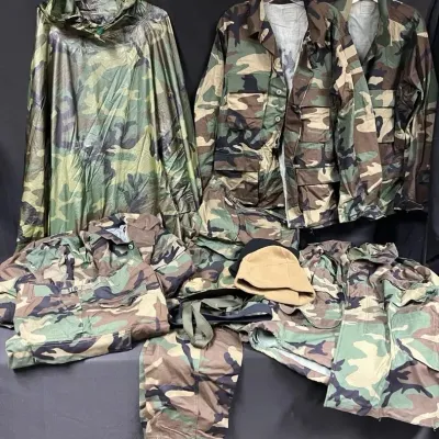Military woodland camo clothing with pants jackets and more