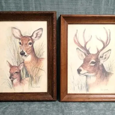 Vintage Paul W Hunter Deer Framed Watercolors 