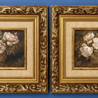 Twin gold-framed floral prints
