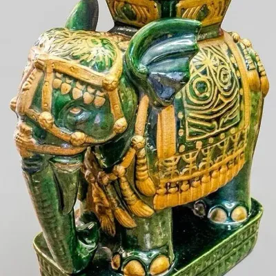 Vintage Gold And Emerald Glazed Ceramic Elephant