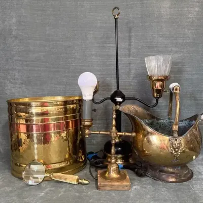 Vintage Brass Lamps, Planters & Magnifying Glass
