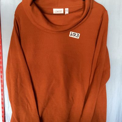 Sale Photo Thumbnail #470: Women's long sleeve cowl neck knit top by D&Co. Essentials in burnt orange. Features a waffle knit texture. Size US 1X  Made in Vietnam. Measures approximately 28 inches in length. In good condition with no visible tears or major stains.