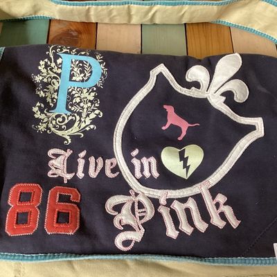 Sale Photo Thumbnail #501: Vintage Victoria's Secret PINK canvas messenger shoulder bag in cream, navy, and teal accents. Features Y2K style embroidered graphics, felt patches ('Live in 86 Pink'), appliqué detailing, multiple interior snap-in zip pouches, and an adjustable shoulde