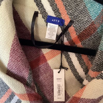 Sale Photo Thumbnail #390: NWT Apt. 9 hooded plaid poncho wrap with faux leather toggle closures. Features a multicolor plaid pattern in shades of cream, green, burgundy, and orange with frayed hem trim. 

- Brand: Apt. 9 (Kohl's)
- Size: One Size
- Material: 100% Acrylic
- Care: H