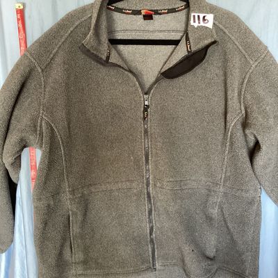 Sale Photo Thumbnail #404: L.L. Bean Outdoors gray fleece jacket featuring a full front zipper, high collar, front pockets, and an adjustable interior cinch drawstring waist. In good pre-owned condition with light signs of wear.