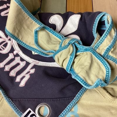 Sale Photo Thumbnail #506: Vintage Victoria's Secret PINK canvas messenger shoulder bag in cream, navy, and teal accents. Features Y2K style embroidered graphics, felt patches ('Live in 86 Pink'), appliqué detailing, multiple interior snap-in zip pouches, and an adjustable shoulde