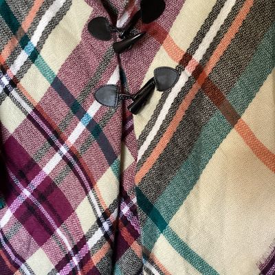 Sale Photo Thumbnail #389: NWT Apt. 9 hooded plaid poncho wrap with faux leather toggle closures. Features a multicolor plaid pattern in shades of cream, green, burgundy, and orange with frayed hem trim. 

- Brand: Apt. 9 (Kohl's)
- Size: One Size
- Material: 100% Acrylic
- Care: H