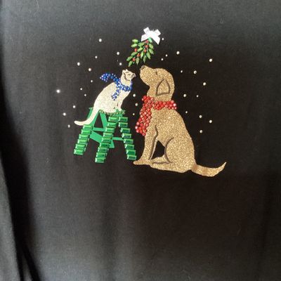 Sale Photo Thumbnail #386: Karen Scott black long-sleeve knit top featuring an embellished holiday graphic on the front depicting a cat on a step ladder and a dog under mistletoe, decorated with glitter, beads, and rhinestones. Includes scoop neck style. Appears in good overall pre