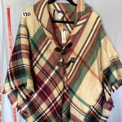 Sale Photo Thumbnail #388: NWT Apt. 9 hooded plaid poncho wrap with faux leather toggle closures. Features a multicolor plaid pattern in shades of cream, green, burgundy, and orange with frayed hem trim. 

- Brand: Apt. 9 (Kohl's)
- Size: One Size
- Material: 100% Acrylic
- Care: H