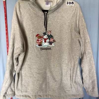 Sale Photo Thumbnail #443: Disneyland Resort hooded sweatshirt featuring an embroidered front design of Winnie the Pooh, Tigger, Piglet, and a snowman with 'Disneyland' embroidered below. Features front side-entry pockets, a fleece-lined hood with drawstring, and an adjustable draw
