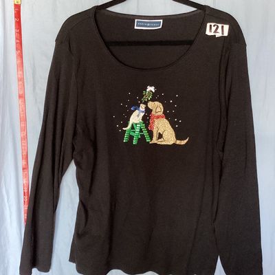 Sale Photo Thumbnail #384: Karen Scott black long-sleeve knit top featuring an embellished holiday graphic on the front depicting a cat on a step ladder and a dog under mistletoe, decorated with glitter, beads, and rhinestones. Includes scoop neck style. Appears in good overall pre
