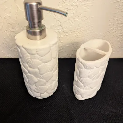 White Seashell Motif Soap Dispenser and Toothbrush Holder Set