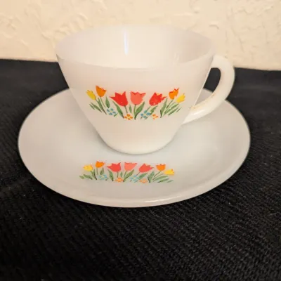 Vintage Fire-King Tulip Milk Glass Cup and Saucer Set