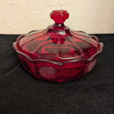 Fostoria Ruby Red Glass Coin Pattern Covered Candy Dish