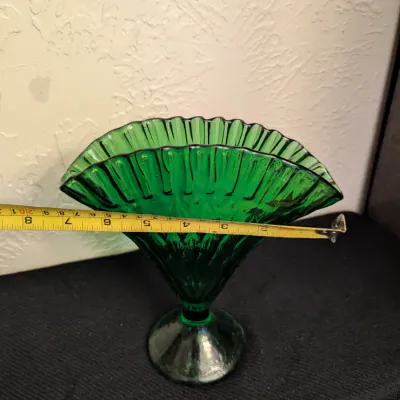 Vintage Emerald Green Glass Fan Vase