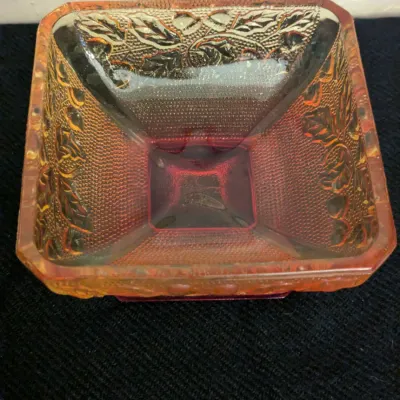 Vintage Amberina Glass Footed Square Bowl