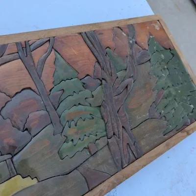 Vintage Handcrafted Wooden Intarsia Cabin in the Woods Wall Art
