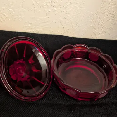 Fostoria Ruby Red Glass Coin Pattern Covered Candy Dish
