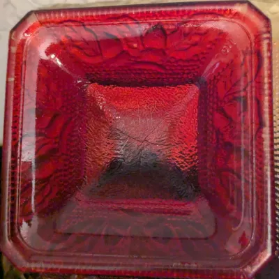 Vintage Amberina Glass Footed Square Bowl