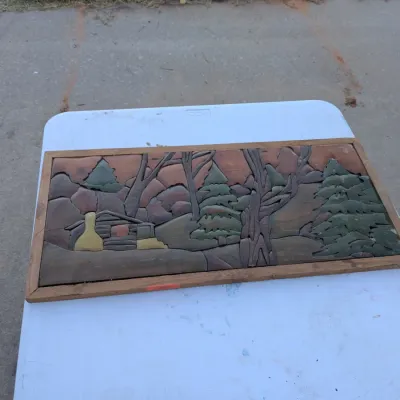 Vintage Handcrafted Wooden Intarsia Cabin in the Woods Wall Art