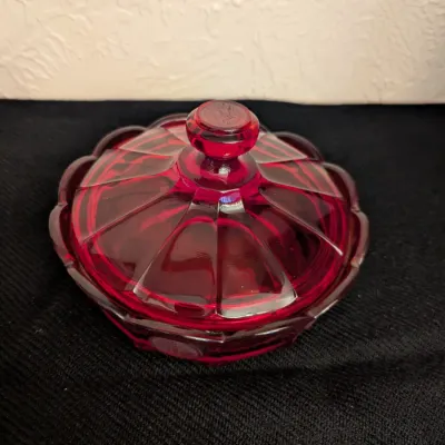 Fostoria Ruby Red Glass Coin Pattern Covered Candy Dish