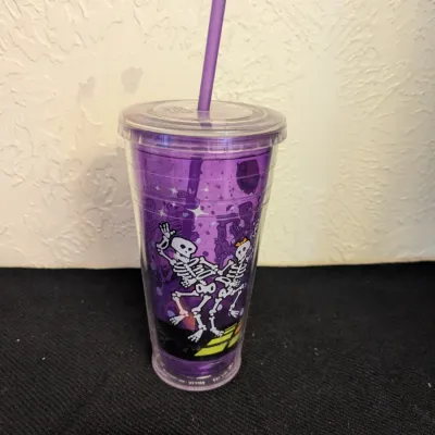 Cool Gear Purple Halloween Skeleton Tumbler with Straw